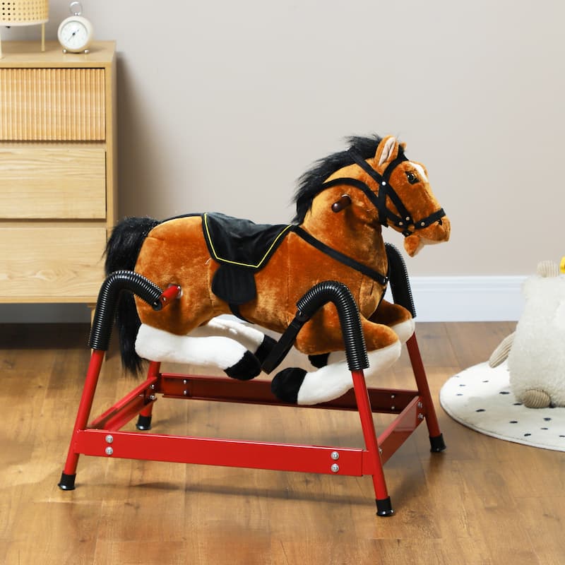 Spring Rocking Horse, Kids Ride on Horse, Plush Horse Ride-on with Sounds & Foot Stirrups, Saddle for Kids 3-8 Years - Brown