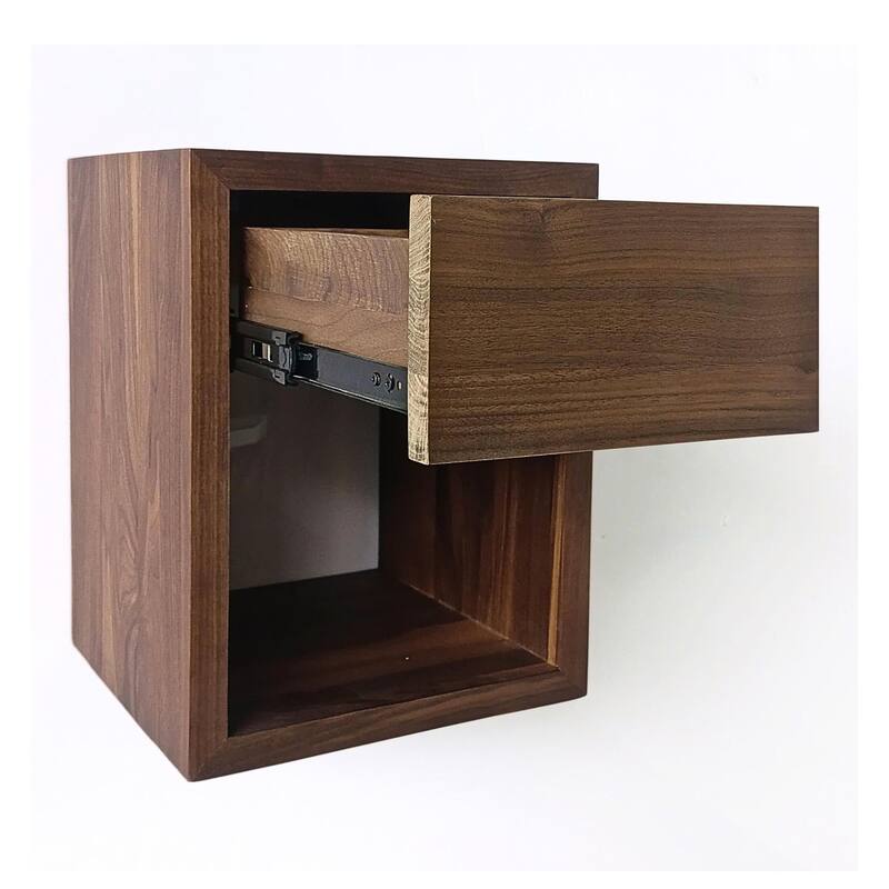 American Walnut Hardwood Floating Nightstand Scandinavian Design Bedside Table - One Sof-Close Drawer