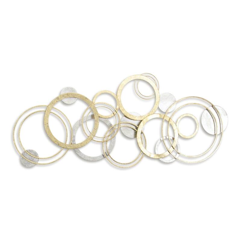 HomeRoots 18" X 44" Gold And Silver Geometric Metal Round Discs Hanging Dimensional Sculpture