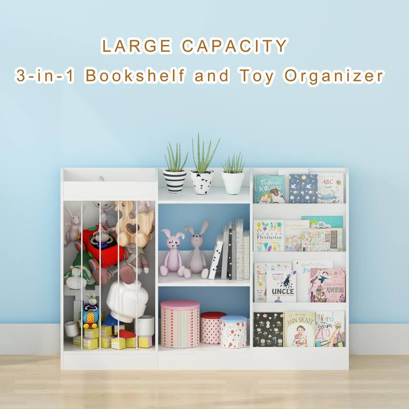Kids Bookshelf and Toy Storage, 3-Tier Book Shelf for Kids Rooms, Sling Baby Bookcase with Stuffed Animal Storage