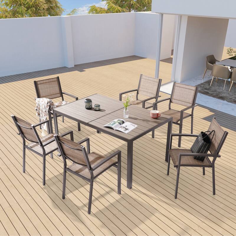 BONOSUKI Outdoor 7-Piece Dining Set Textilene Fabric w/Powder-coated - Taupe