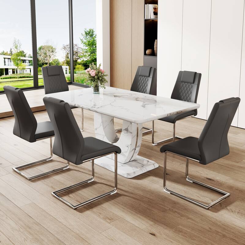 Dining Table Set with PU Leather Side Chairs and Dining Table - Dark Gray Silver