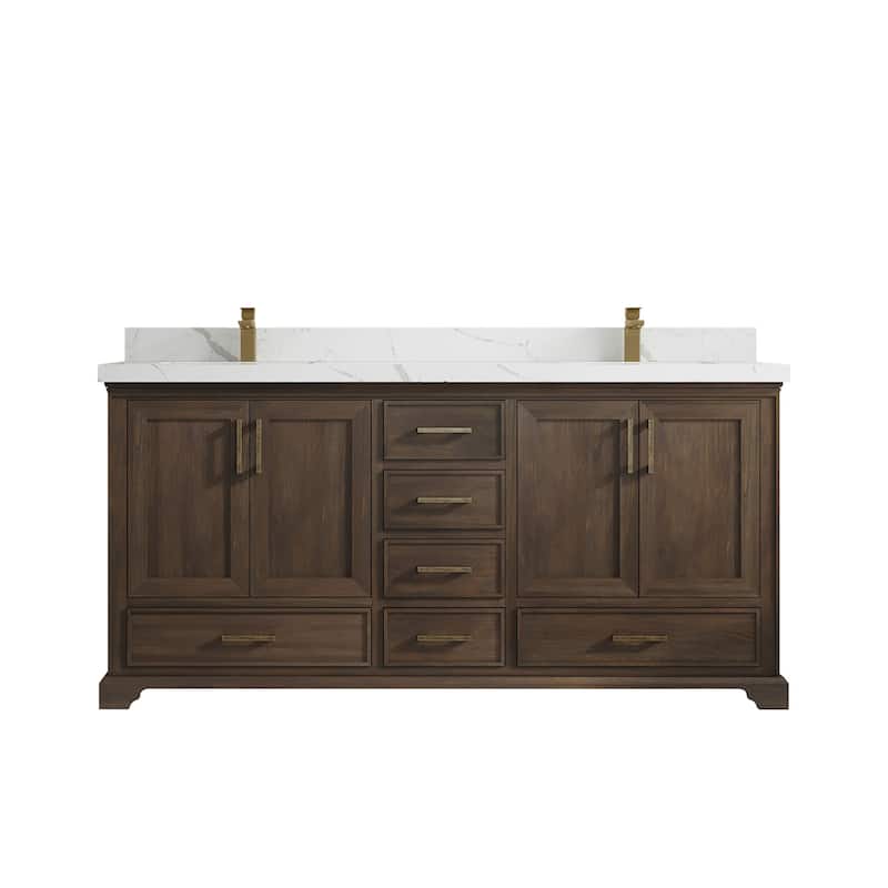 Willow Collections 72 in. W x 22 in. D Charlotte Teak Double Sink Bathroom Solid Teak Vanity with Countertop - 2"Calacatta Laza - Grey Washed