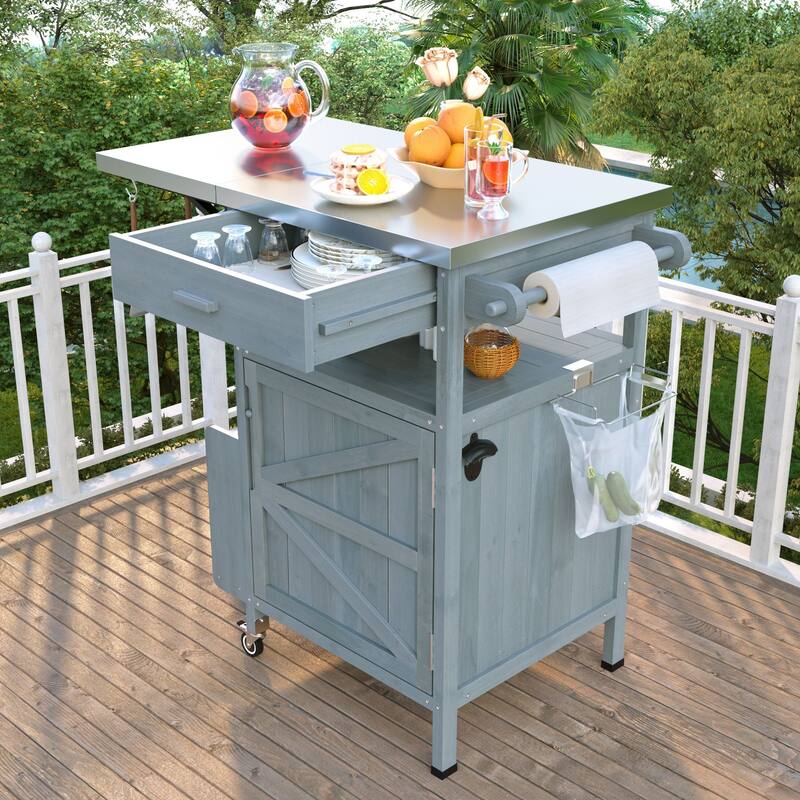 Multi-Functional BBQ Prep Table with Solid Wood Frame, Adjustable Shelves, and Towel Rack for Outdoor Use