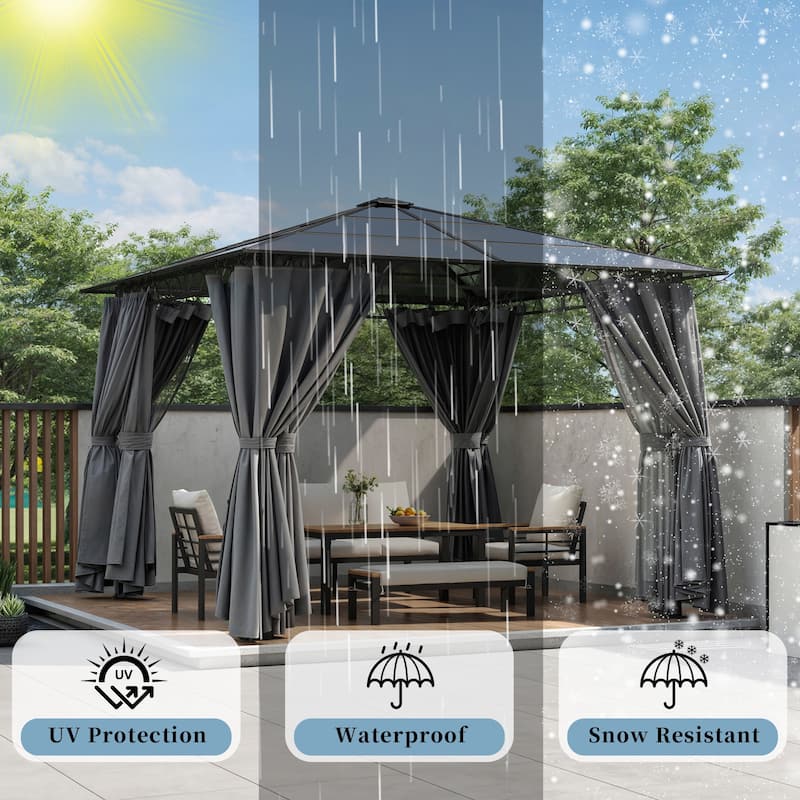 10'x10' Hardtop Gazebo - Polycarbonate Roof, Aluminum Frame, Mosquito Net & Privacy Screens for Shade & Rain
