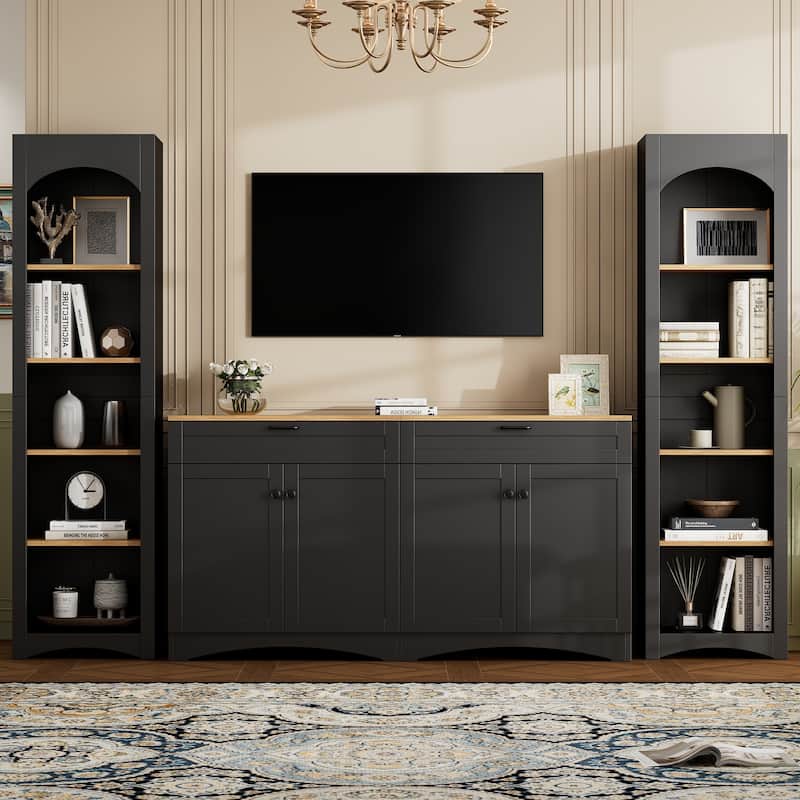 Roomfitters Rustic 3-Piece Entertainment Center for TVs up to 70", Mid-Century TV Stand with Bookshelves and Sideboard Storage