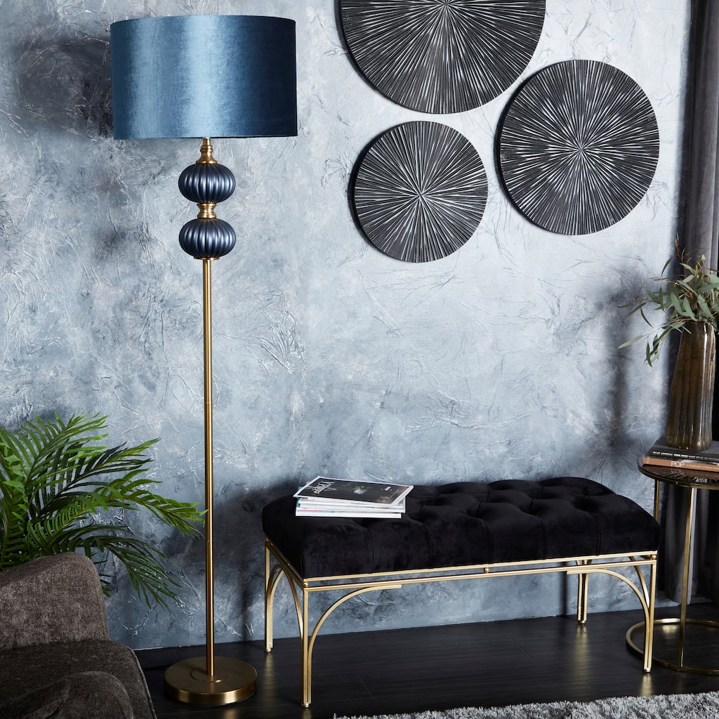 Blue Fabric Ribbed Room Floor Lamp with Velvet Shade and Gold Accents