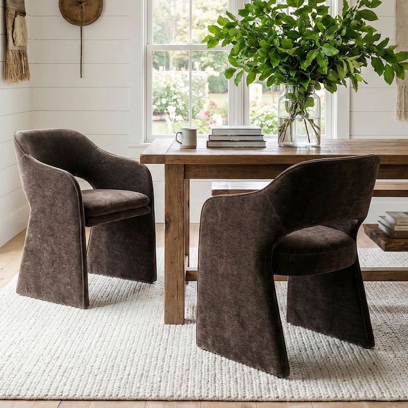 Chenille Upholstered Dining Armchair (Set of 2) - Brown