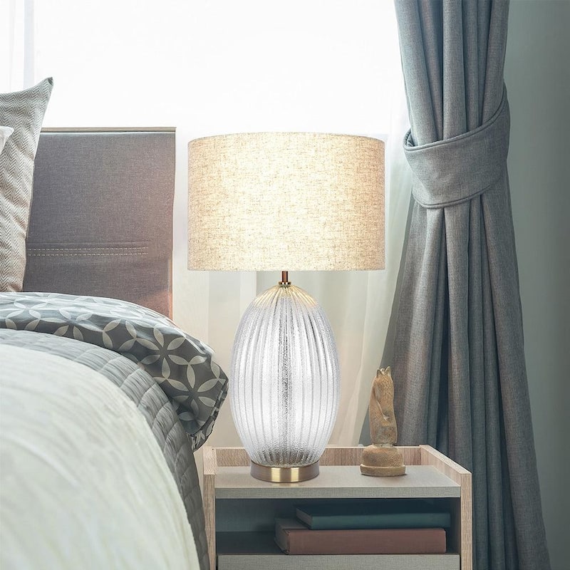 Ribbed Glass Lamp Base Clear Table Lamp Large Linen Shade - Beige,Clear,Gold