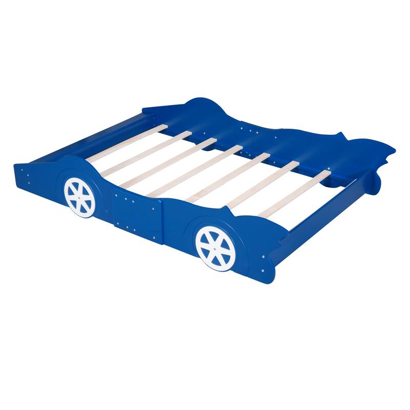 Full Size Race Car Platform Bed with Wheels in Blue
