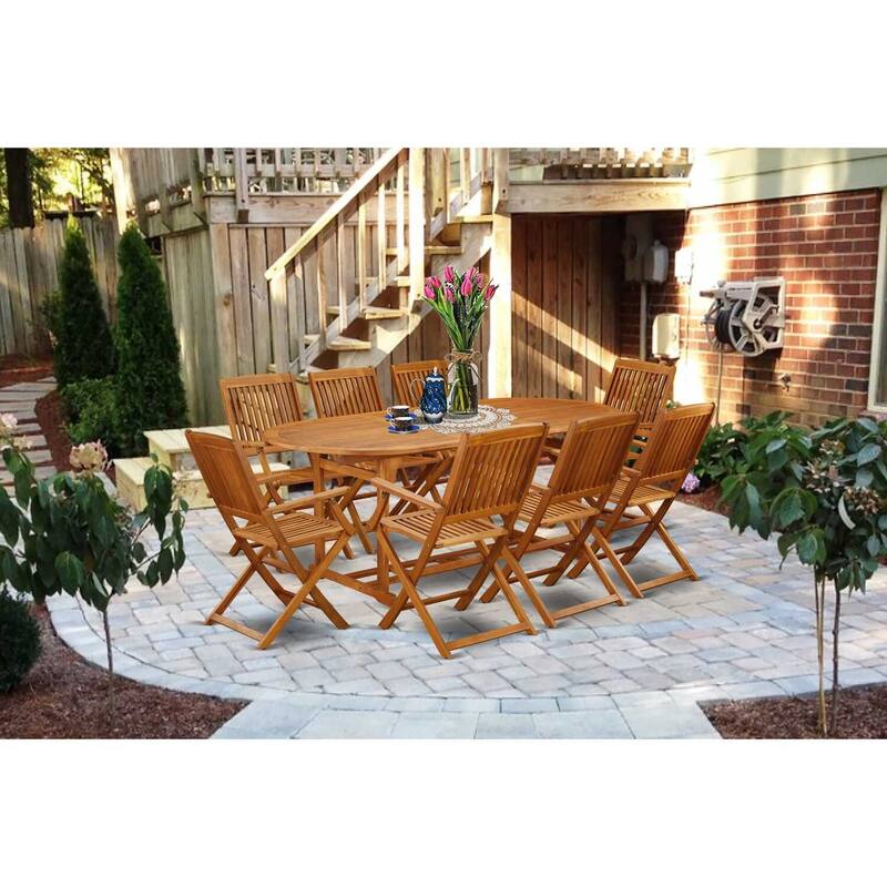 HomeStock 9-Piece Natural Oak Finish Solid Wood Top Dining Table with 8 Chairs with Lattice Back