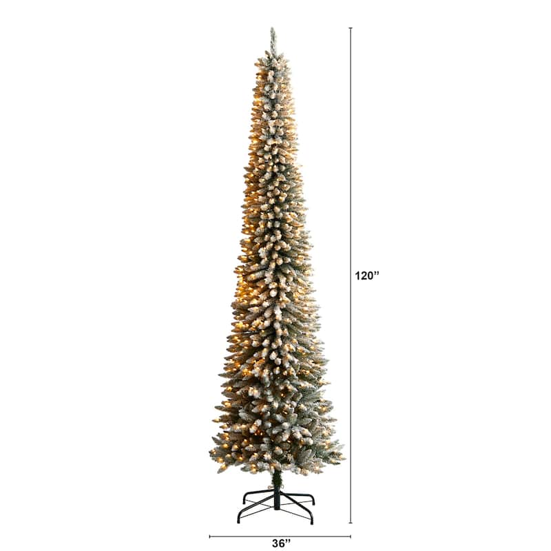 10ft. Flocked Pencil Artificial Christmas Tree with 700 Clear Lights & 1145 Branches - Sleek Snowy Holiday X-Mas Tree