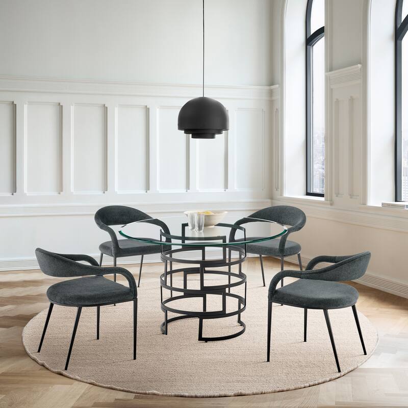 Diaz Morgan 5 Piece Round Glass Dining Table Set with Metal Frame and Upholstered Chairs - Charcoal/Black