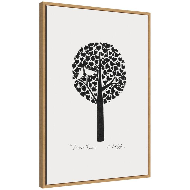 Kate and Laurel Sylvie Black and White Love Tree Linocut Framed Canvas by Giuliana Lazzerini - 23x33 - Natural