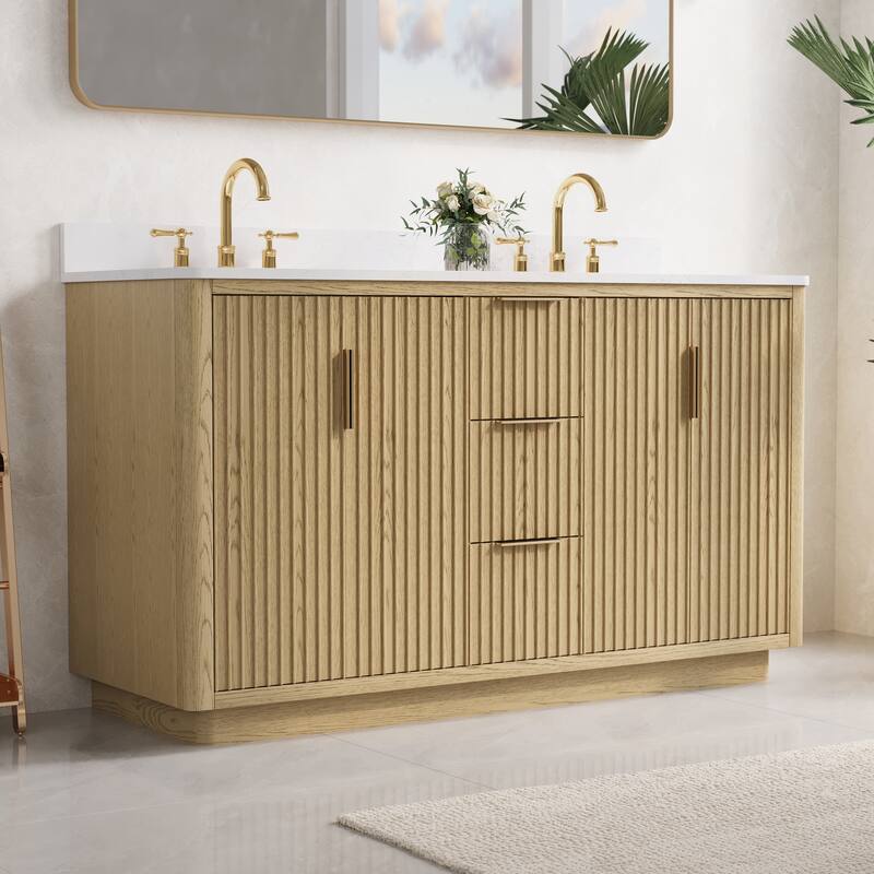 35''H Solid Wood Bathroom Vanity With Stain-resistant Carrera White Quartz Top and Sink - 60''Wx35''H