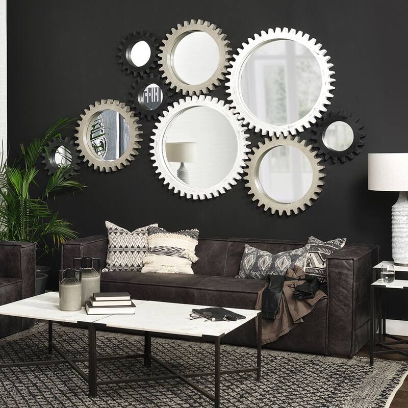 Sundance Off-White Solid Wood Frame Round Cog Mirror - 36" x 36" - 35.4"W x 35.4"H x 3.5"D
