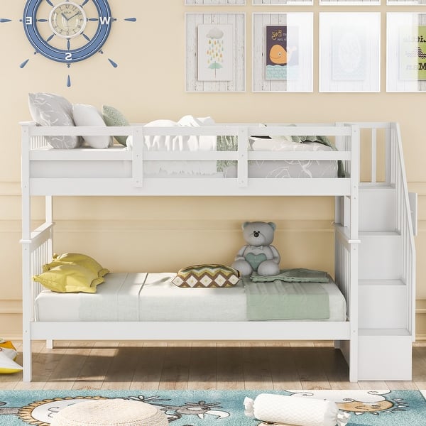 slide 2 of 8, Twin-Over-Twin Stairway Bunk Bed, Can Be Divided into Two Individual Bedframe, Solid Wood Bedfram w/Storage Stairs & Guard Rail White - Twin