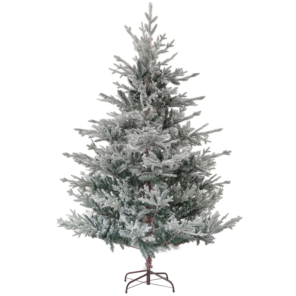 6/9FT Artificial Hinged Christmas Tree with Snow Flocked Tips & Foldable Metal Stand