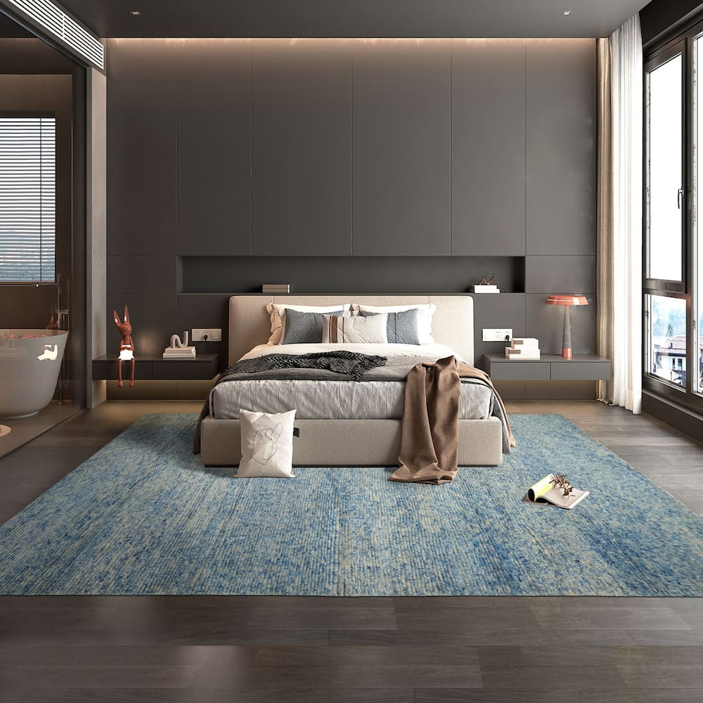 10x14 Tibetano Hand Knotted Wool Blue Modern & Contemporary Plush Pile Textured Rug - 10' x 14'