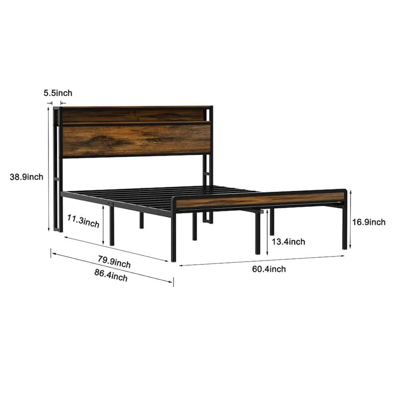 Queen Size Bed Frame, Storage Headboard w/ LED light, Charging Station