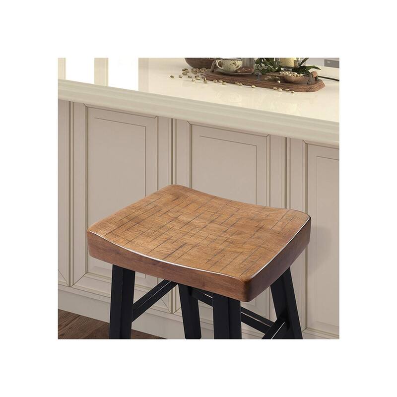 Traditional Solid Wooden Stool Set of 2pc, Contour Seat Oak / Black 24"H