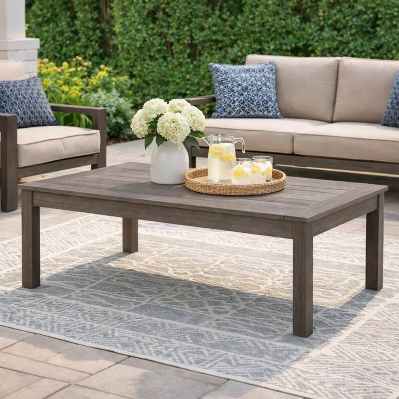 Karo 49 Inch Outdoor Coffee Table, Slatted Top, Modern Style, Taupe Brown