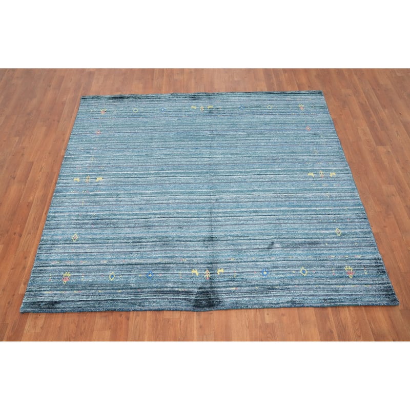 Hand Knotted Oriental Viscose Silk Carpet Tribal Animal Pictorial Navy Blue & Blues Gabbeh Area Rug - 5' 9'' X 6' 3''