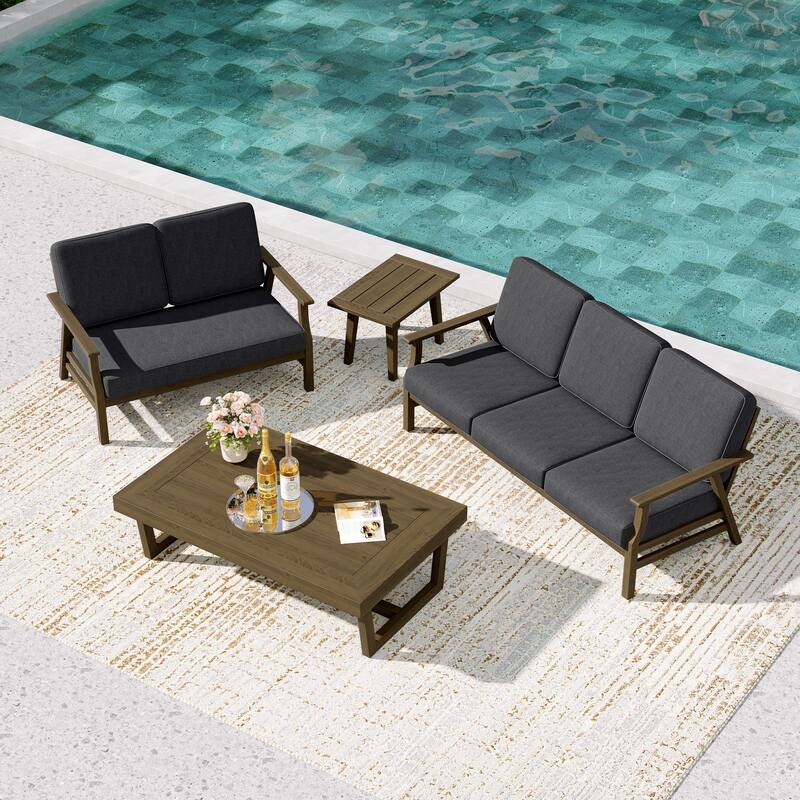 Teak Outdoor Seating Set with Daybed & Tables. - Brown Wood - Dark Grey/4-piece