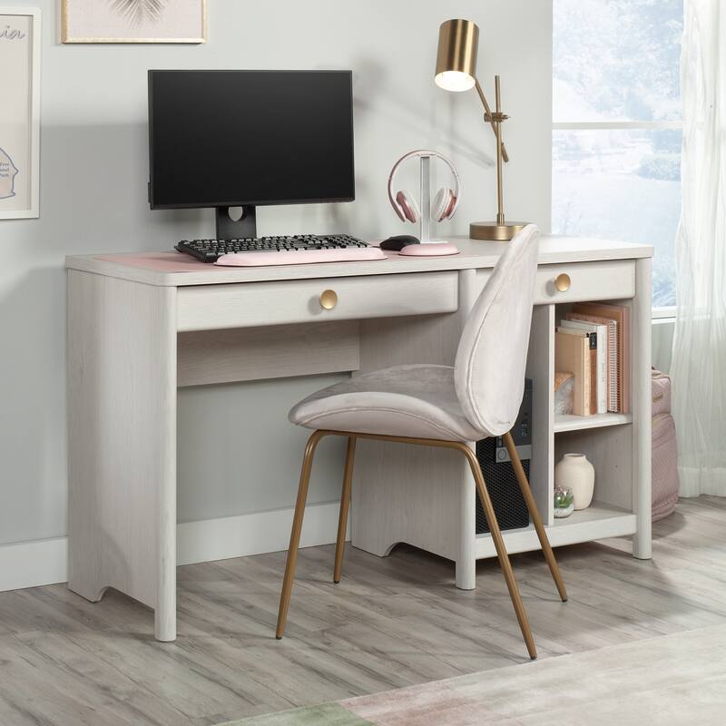 White Office Desk with 2 Smooth-Glide Drawers and Adjustable Shelf for Workspace - White