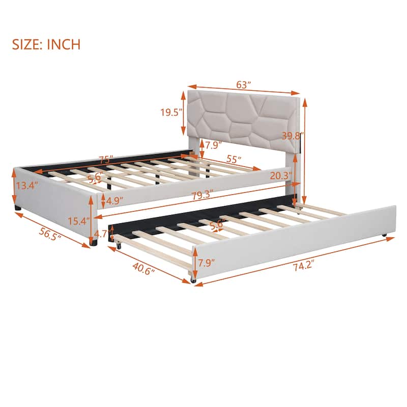 Beige Full Size Upholstered Platform Bed with Brick Pattern Headboard and Twin Size Trundle
