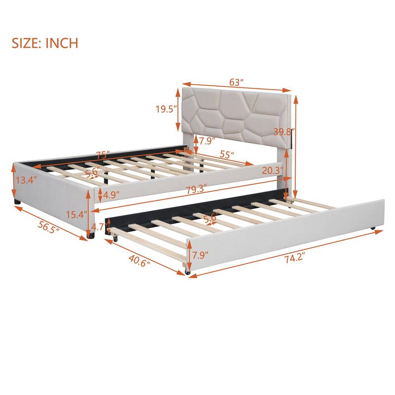 Linen Upholstered Platform Bed Frame with Trundle and Brick Pattern Headboard