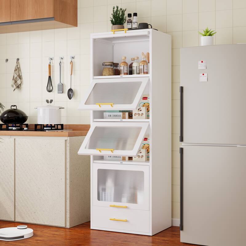Freestanding Metal Display Storage Cabinet,Cupboard with Flip-up Acrylic Doors and Drawer