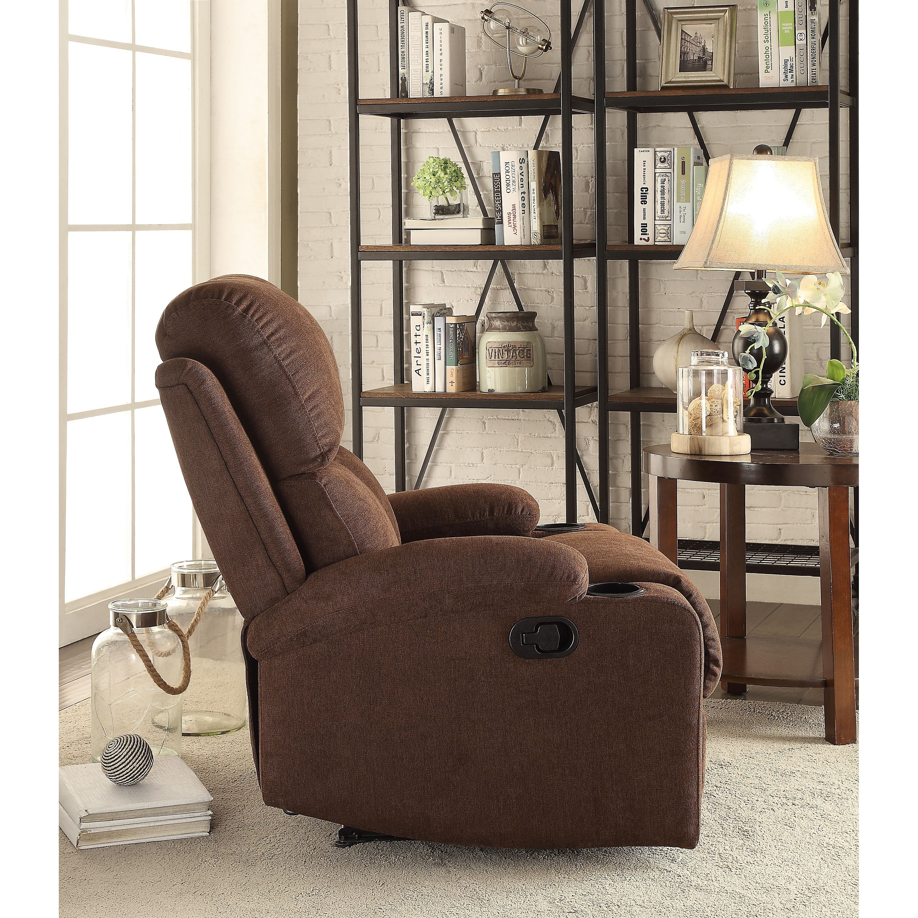 Chocolate Vintage Motion Recliner with Tight Back & Seat Cushions and Pillow  Top Arm & Cup Holder - On Sale - Bed Bath & Beyond - 38338340