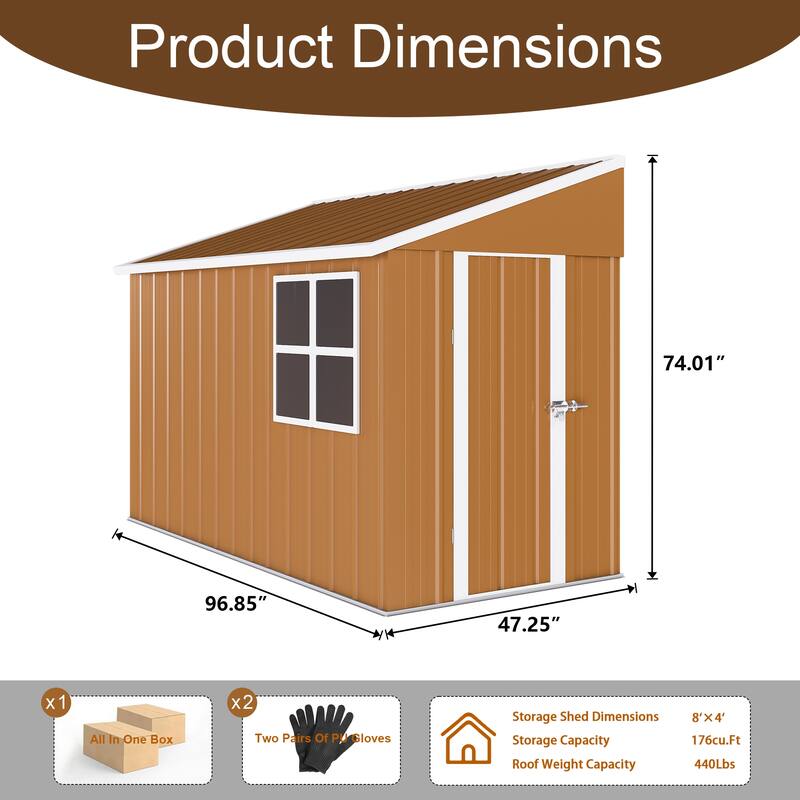 Roomfitters 8x4 FT Metal Storage Shed, Heavy Duty Garden Tool House with Double Doors and Ventilation, Brown
