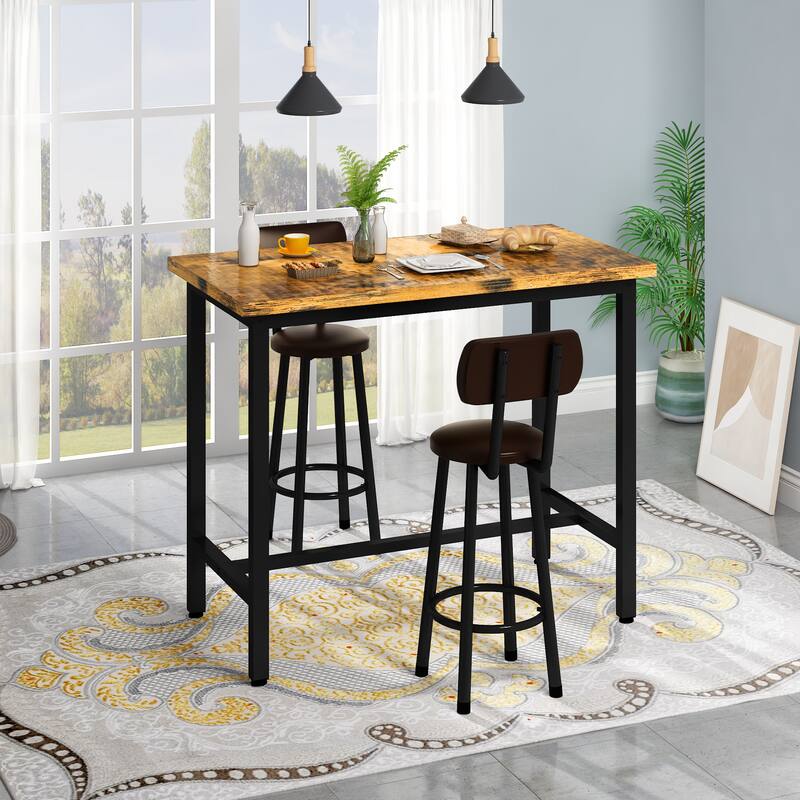 2 - Person Breakfast Nook Dining Set, Rectangular Pub Bistro Table and 2 Upholstered Chairs with Back for Home Kitchen