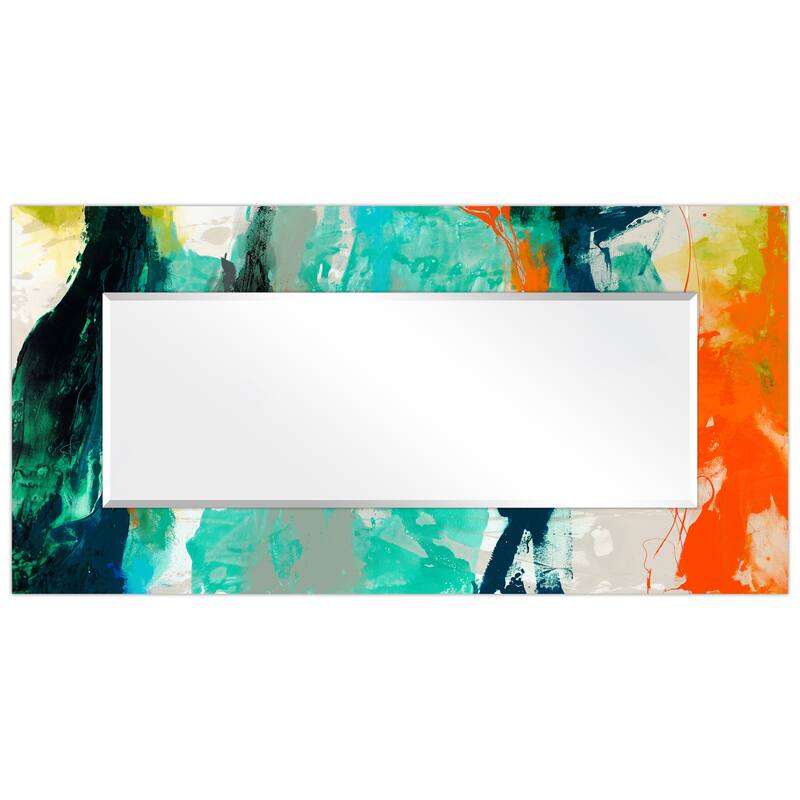 "Tidal" Abstract Rectangular Beveled Wall Mirror on Free Floating Printed Tempered Glass - Clear - 72 x 36