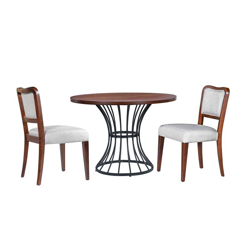 42" Round Dining Set - Solid Wood-Look Veneer Table + 2 Upholstered Walnut-Finish Chairs, Heavy-Duty Iron Base