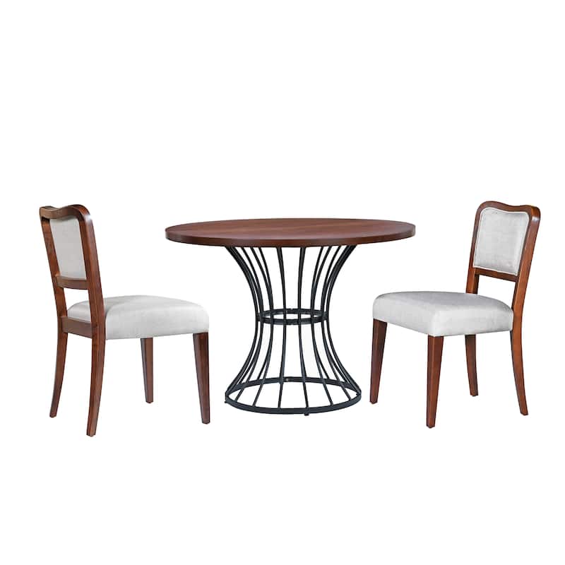 42" Round Dining Set-Solid Wood-Look Veneer Table +2 Upholstered Walnut-Finish Chairs,Heavy-Duty Iron Base,Space-Saving,3-Piece