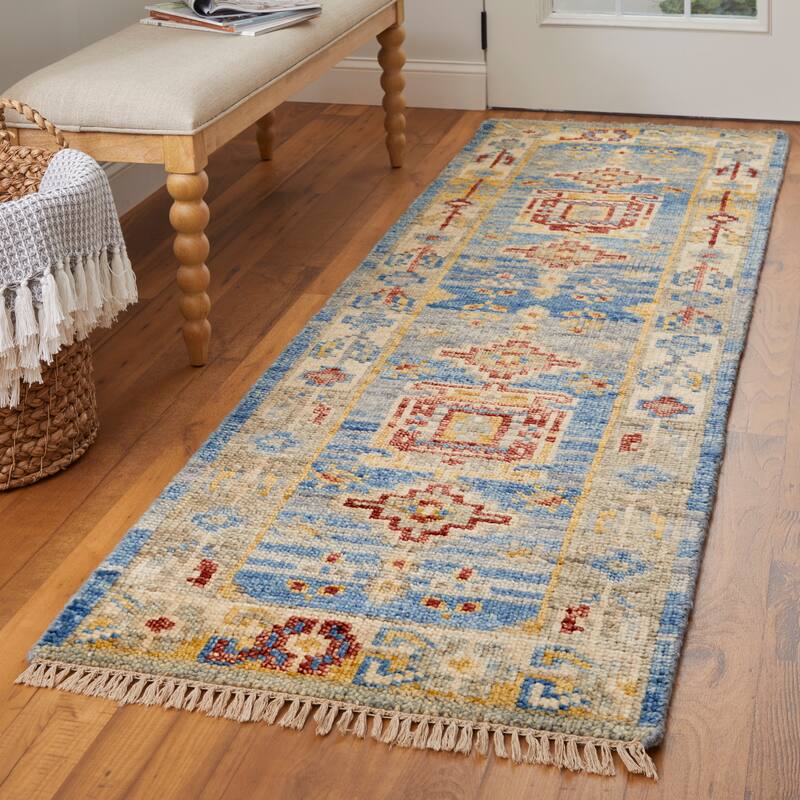 Grand Bazaar Foxboro Hand Knotted Geometric Traditional Area Rug - 2'6" x 8' - Blue/Yellow/Red