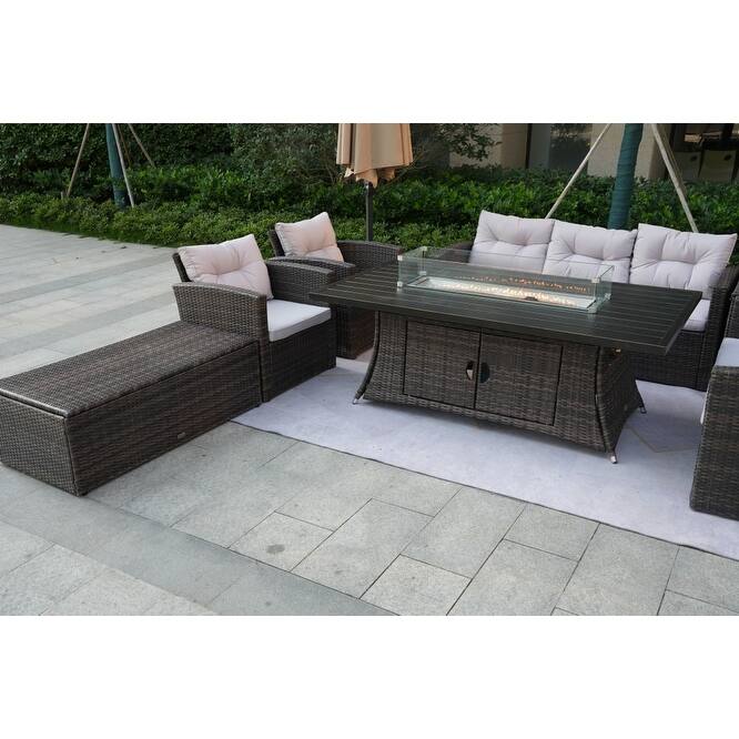 7-Piece Patio Wicker Sofa Set With Aluminum Dining Table and Storage End Table