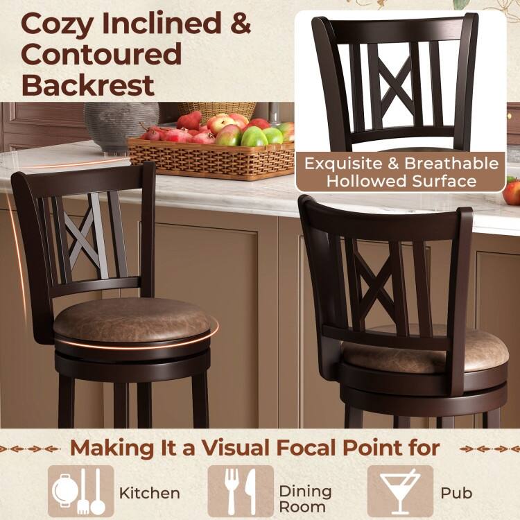 Coffee & Brown Swivel Bar Stools Rubber Wood Counter Chairs with Backrest & Footrest