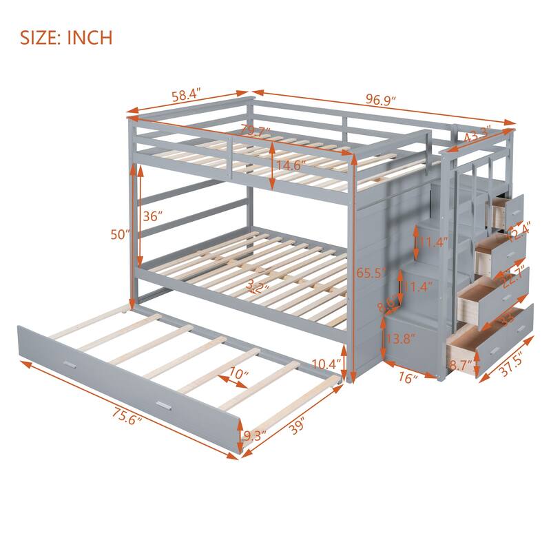 Twin/Full Bunk Bed with Trundle and Storage Staircase, Space-Saving Pine Wood Design