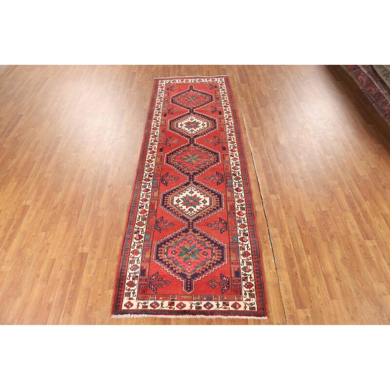 Geometric Ardebil Persian Vintage Runner Rug Handmade Wool Carpet - 3'7"x 10'7"