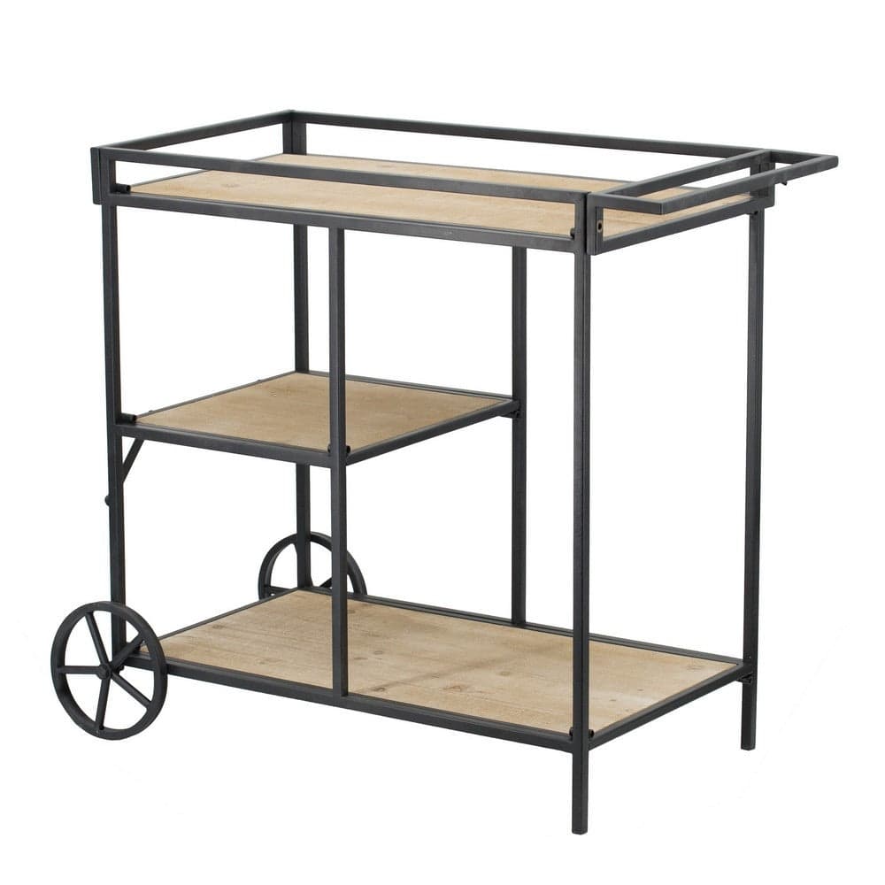 32 Inch Bar Cart, 3 Tiers, Fir Wood Shelves, Iron Frame, Black, Brown - 27 H x 16 W x 32 L Inches