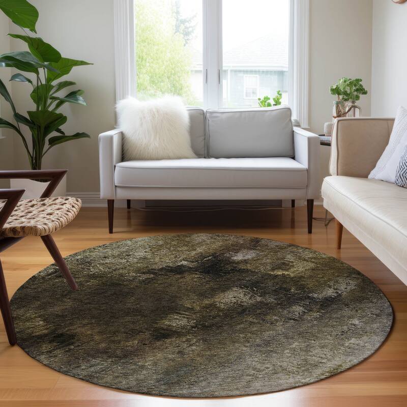 Machine Washable Indoor/ Outdoor Chantille Abstract Watercolor Rug - 8' x 8' - Chocolate