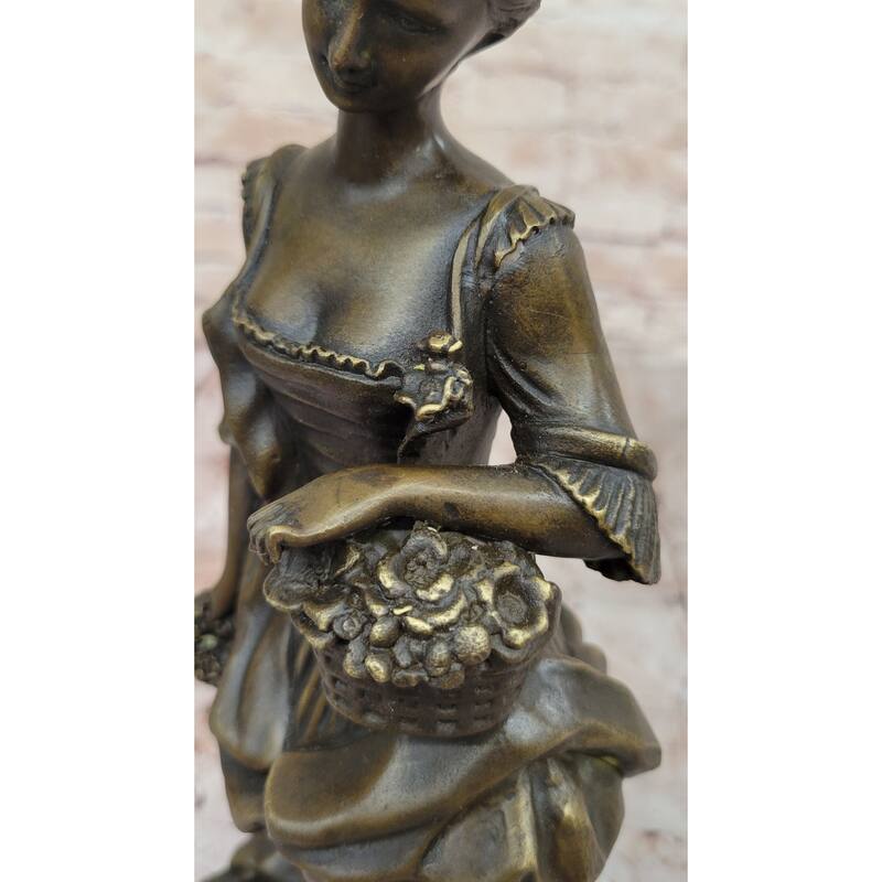 Bronze Sculpture Of Woman In Traditional Dress Holding Basket Of Flowers - Rustic Country Lady Statue