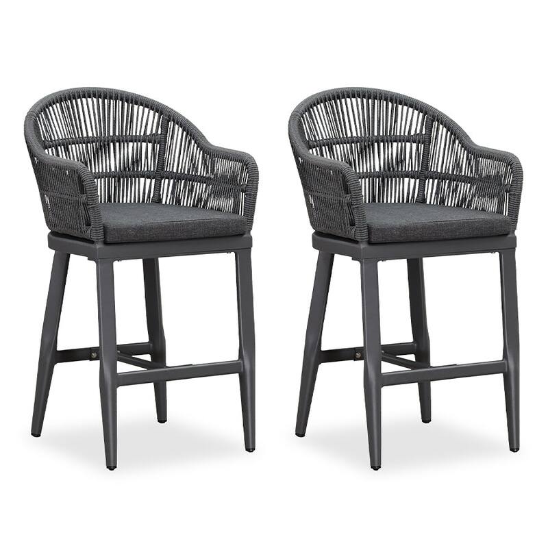 PURPLE LEAF Modern Rattan Bar Stools Set of 2 with Cushion and Back Counter Stools - Grey - Counter Height