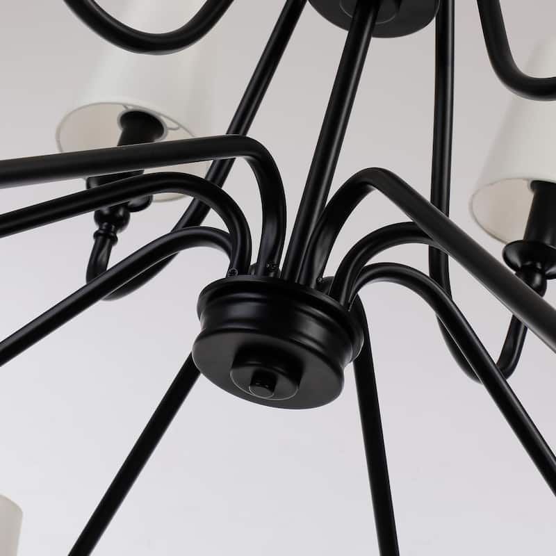 Bella 12-Light 2- Tier Classic Modern Black & Gold Finish Chandelier With Beige Fabric Stay-Straight Shades