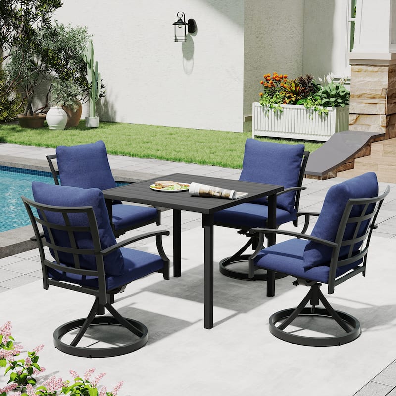 IvyGlow 5-Piece Black Metal Patio Dining Set with Square Table, 4 Swivel Dining Chairs and Gray Cushions - Blue