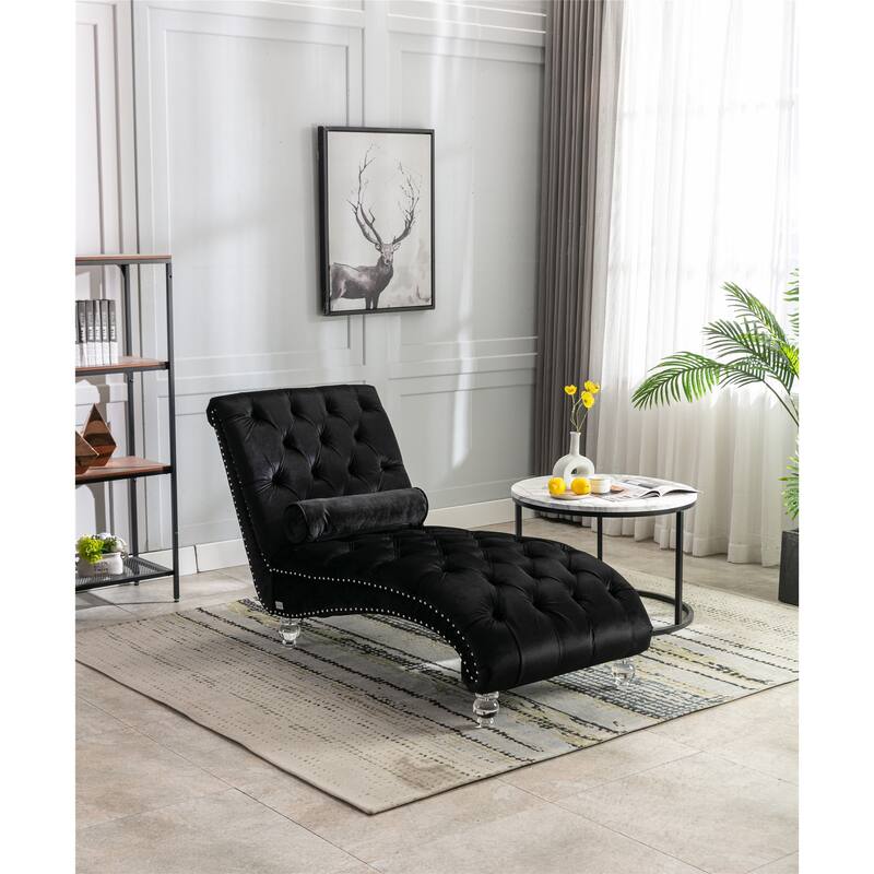 Leisure Concubine Sofa with Acrylic Feet, Traditional Chaise Velvet Barrel Sofa with Lumbar Support Pillow for Living Room - Black